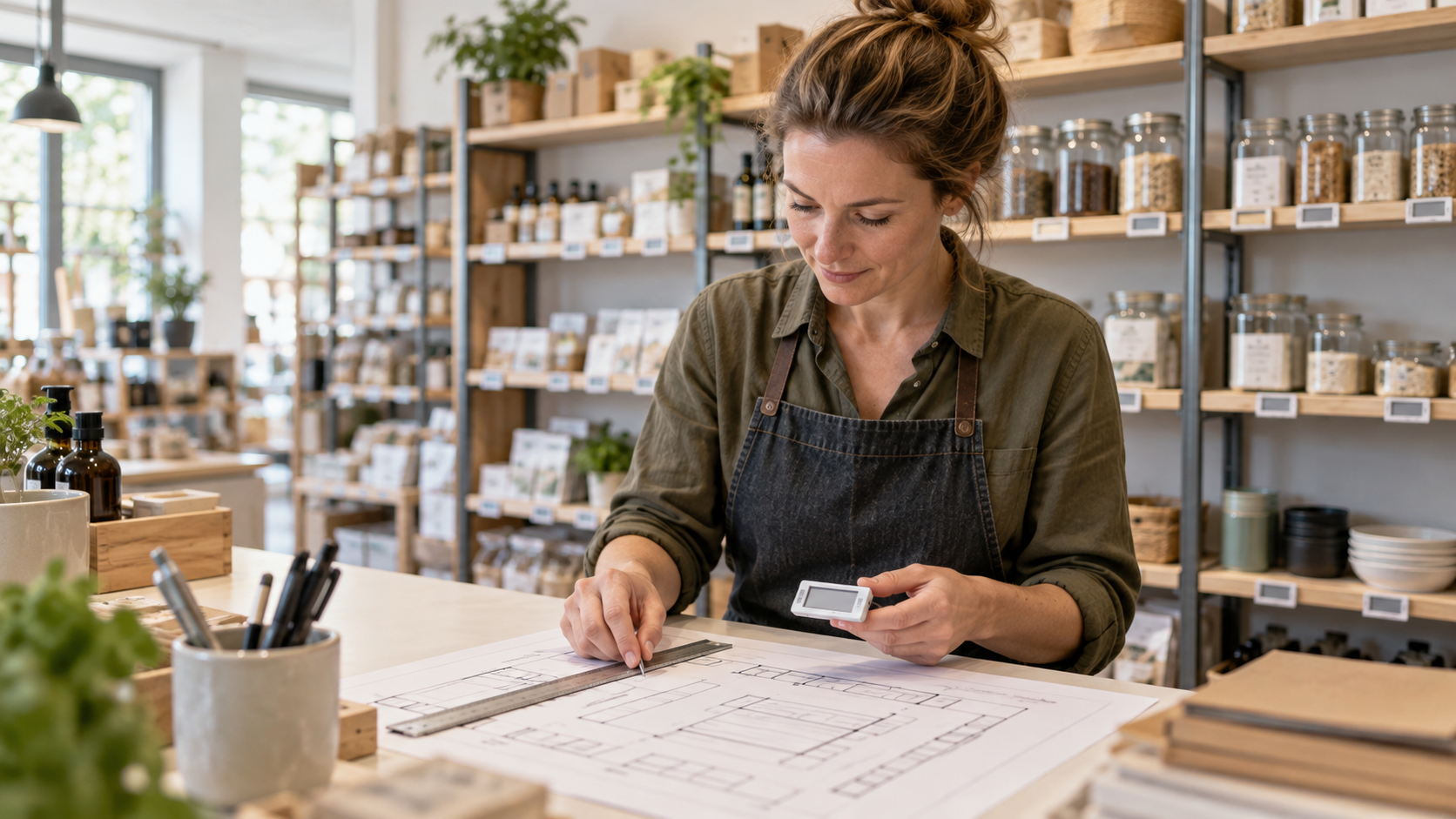 Illustration af planlægning af hyldeskilte i en butik